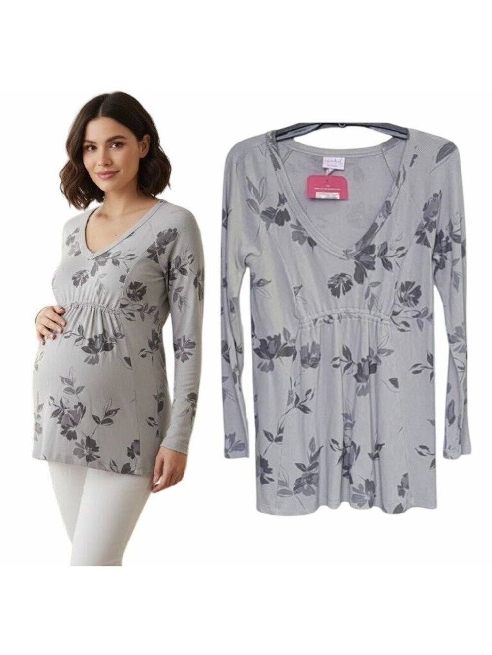 NEW Sz XS Ingrid & Isabel Maternity Women's Waffle Knit Top Shirt Gray Floral LS